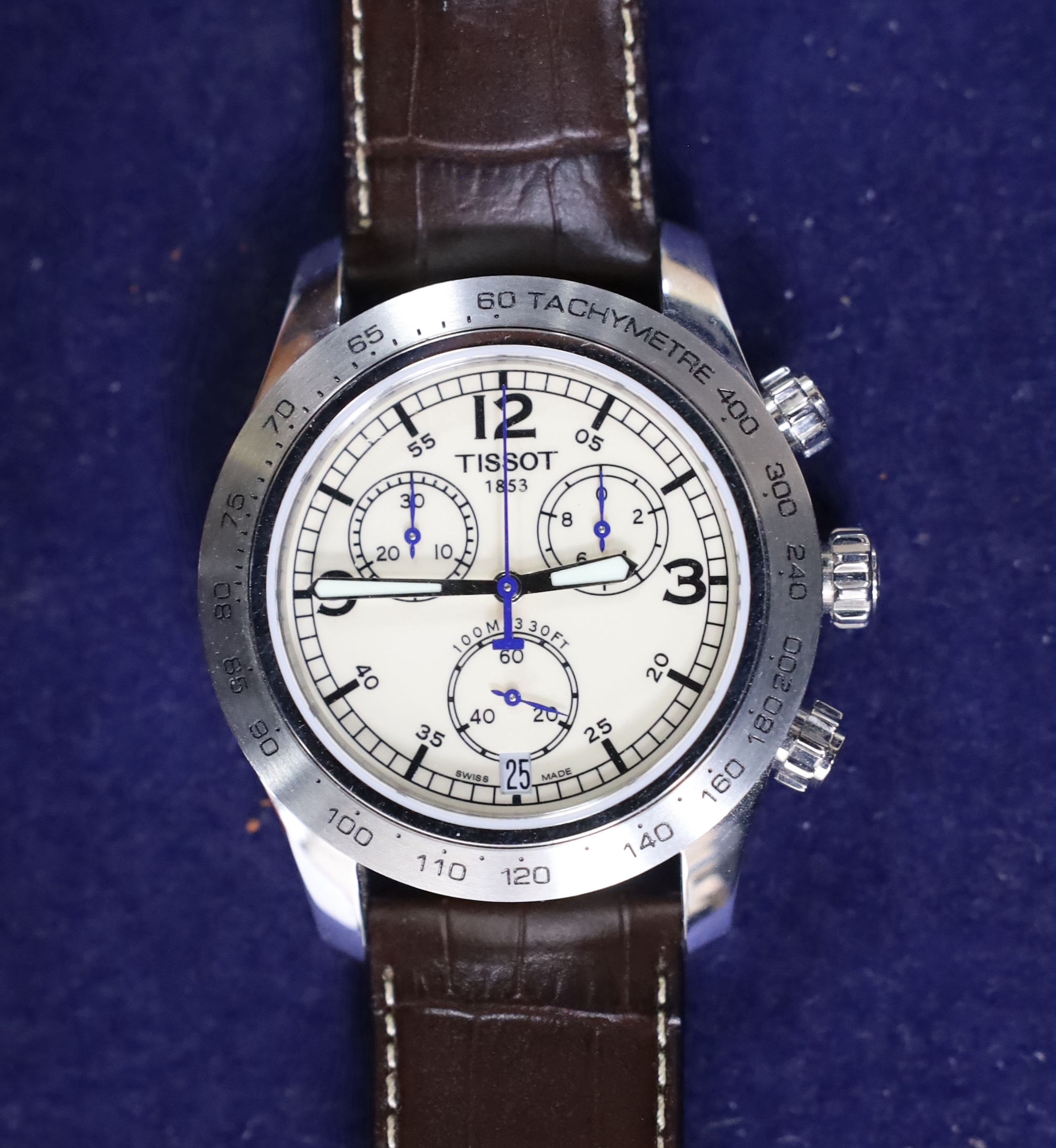 A gentleman's modern Tissot 1853 chronograph quartz wrist watch, on a Tissot leather strap, with Tissot buckle, no box or papers.